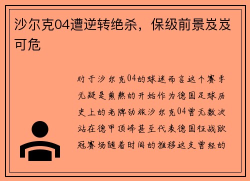 沙尔克04遭逆转绝杀，保级前景岌岌可危